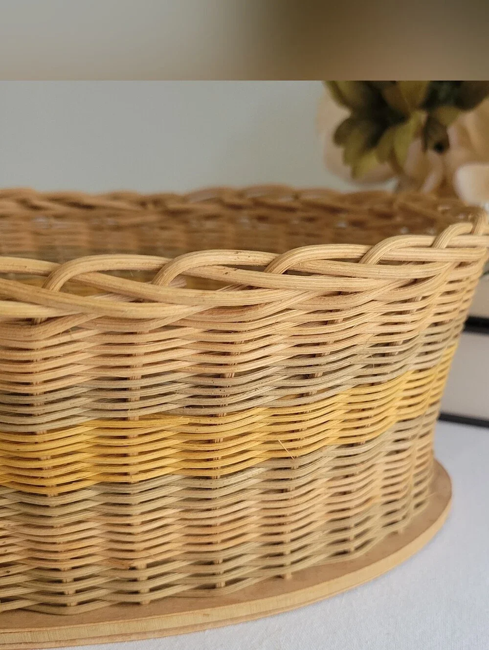 Vintage Hand Woven Striped Wicker Rattan Oval Basket 1940 Storage- Natural